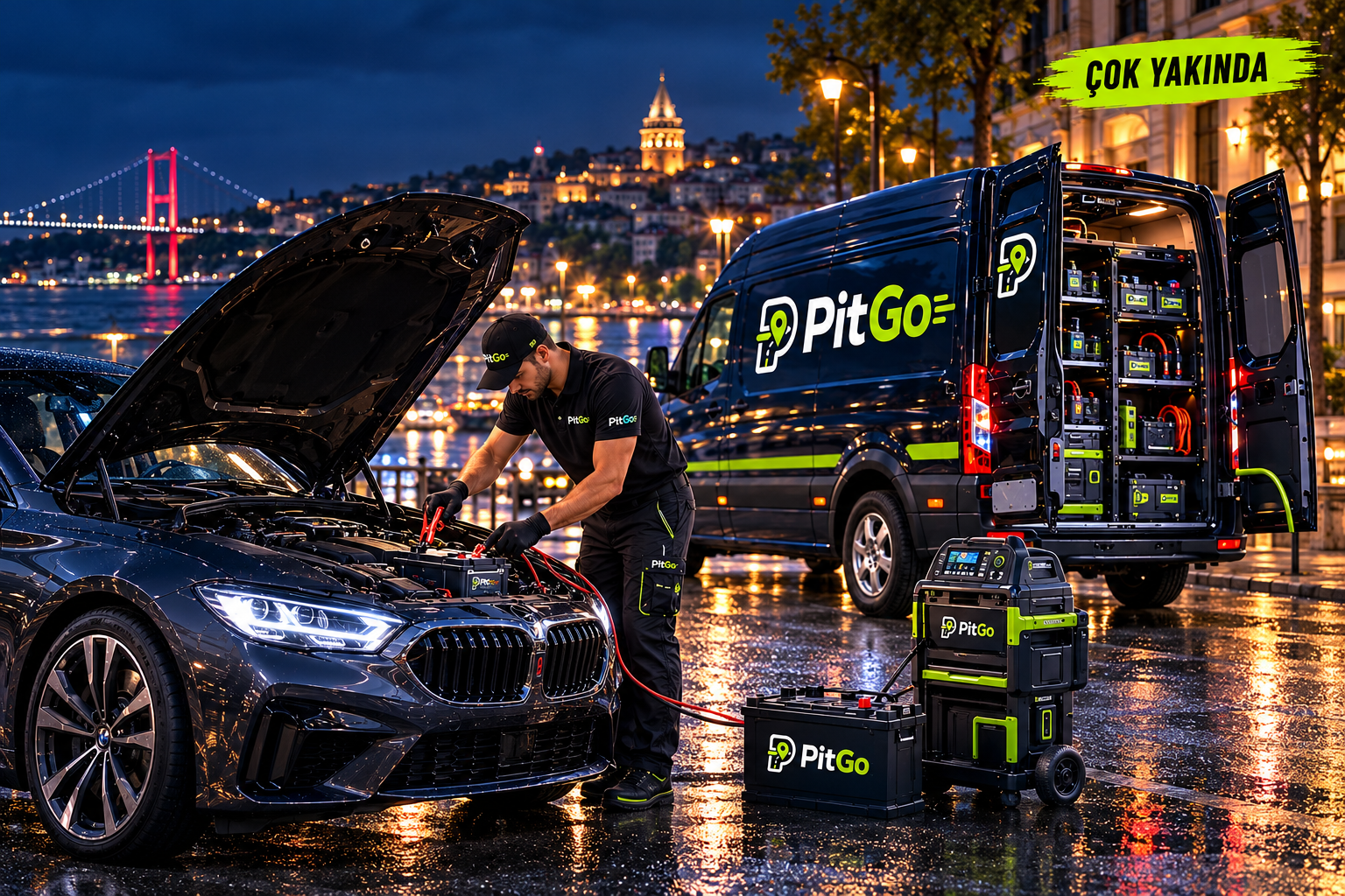PitGo mobil hizmet aracı ve akü kontrolünü temsil eden gece görseli